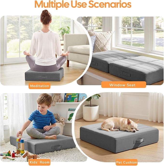 MeMoreCool Square Floor Pillow for Adults and Kids, Large Meditation Cushion with Thick Foam and Washable Tufted Cover, 24-Inch Grey Seat for Sitting and Yoga