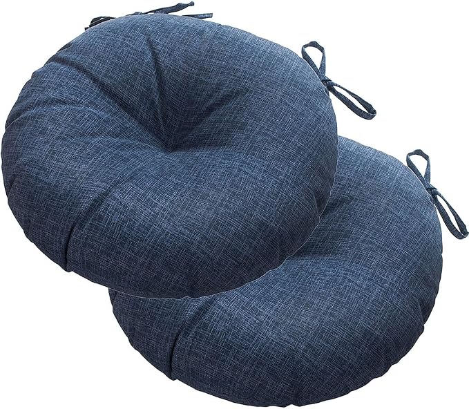 Magpie Fabrics Outdoor Round Bistro Seat Cushions with Ties, 15"x15"x4" Set of 2, Tufted Waterproof Barstool Chair Pads for Patio Home Garden Office, Navy Textured