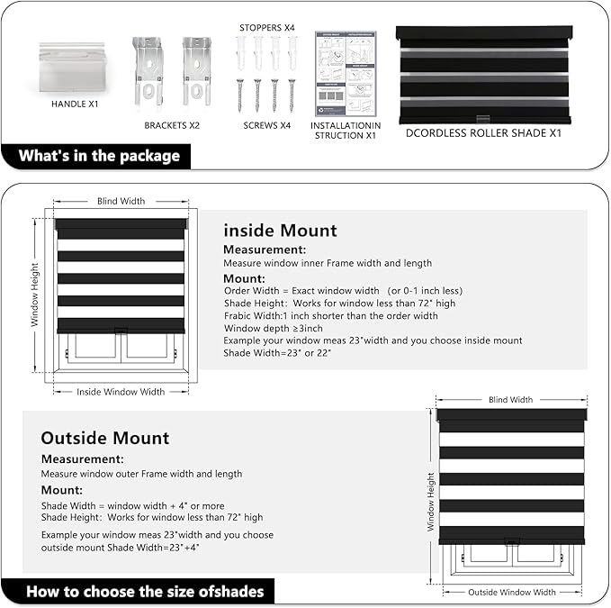 AOSKY Cordless Zebra Blinds for Windows Pull Down Roller Window Shades Dual Layer Light Filtering Privacy for Day and Night, Free-Stop Door Shades for Home Easy to Install (31" W X 72" H, Black)