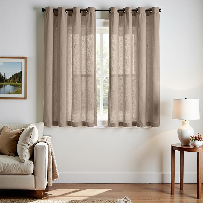 jinchan Taupe Linen Curtains 63 Inch Length for Door Window Light Weight Two Pages Curtains for Living Room Light Filtering Grommet Drapes Semi Transparent Drapes Providing Privacy for Bedroom 50"Wide