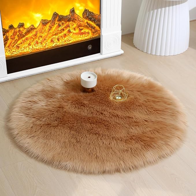 Faux Fur Rug Fluffy Sheepskin Area Rug,Ultra Soft Shaggy Plush Rug Bedroom Living Room Sofa Floor Kids Room Bedside（3 x 3 ft Round Brown）