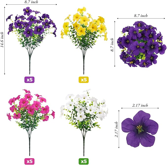 20 Bundles Artificial Petunias Flowers for Outdoors, Faux Silk Flowers UV Resistant Realistic Fake Plants for Outside Planters Porch Patio Yard Garden Spring Summer Home Decor, Multicolor