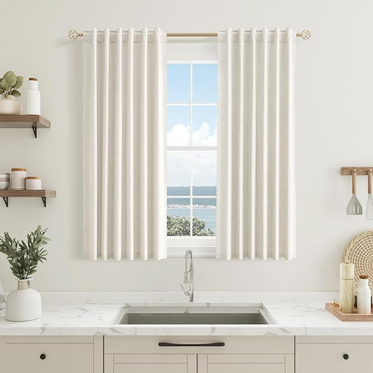 Guken 100% Blackout Cream Linen Curtains 54 Inch Wide by 38 Inch 2 Panels Set for Living Room Bedroom Back Tab Thermal Insulated Black Out Linen Drapes Room Darkening Window Curtains