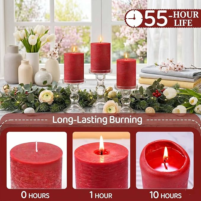 Red Rustic Pillar Candles 6 Pack, 2.8" x 4" Soy Wax Candles, Up to 55 Hours Burn Time, Smokeless Unscented Farmhouse Candles for Home Decor, Wedding & Emergency Use