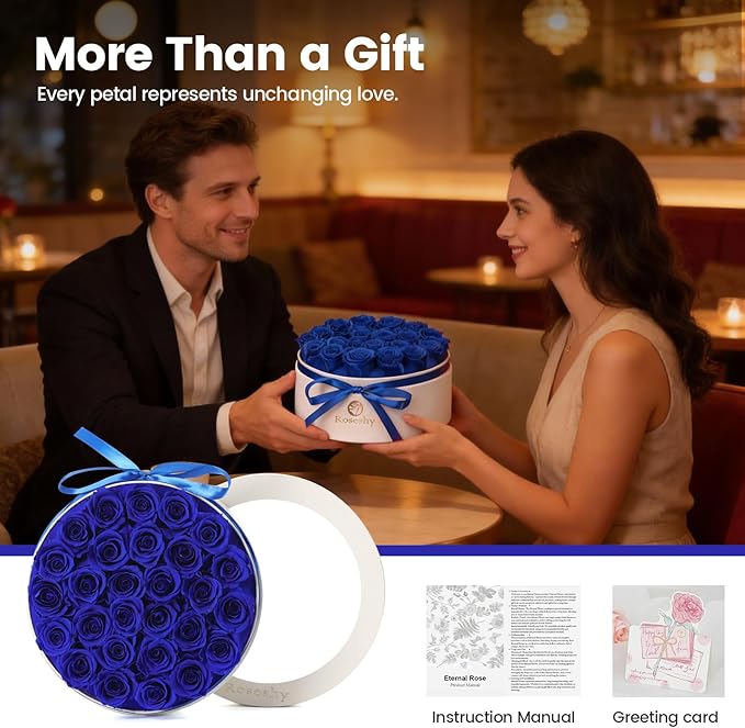 Valentines Day Flowers Roses Gifts for Her,28pcs BlueForever Preserved Roses in Round Gift Box,Valentines Day Delivery Prime Gifts-Roses Gifts for Women,Mom.