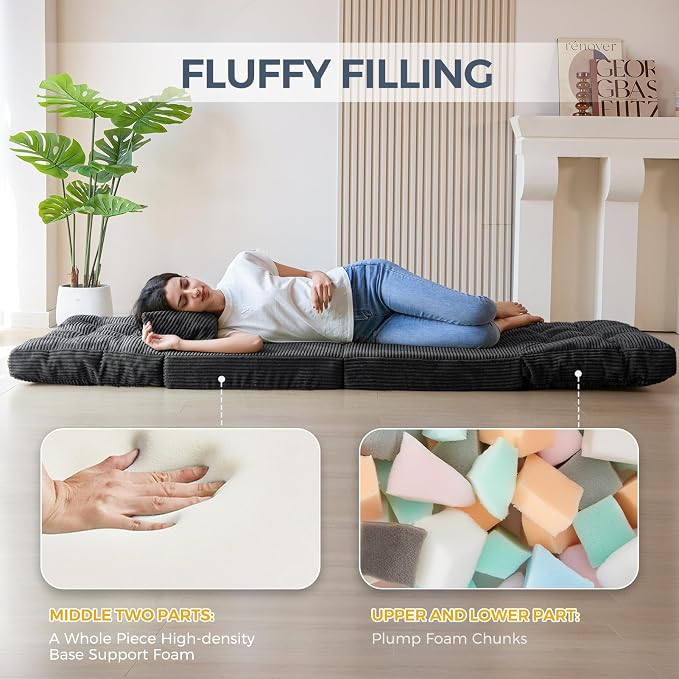MAXYOYO Folding Sofa Bed, Tufted Bean Bag Bed with Pillows Floor Couch for Adults, Extra Thick and Long Floor Sofa, Single Couch for Bedroom Living Room, Dark Grey, 30x91 Inch