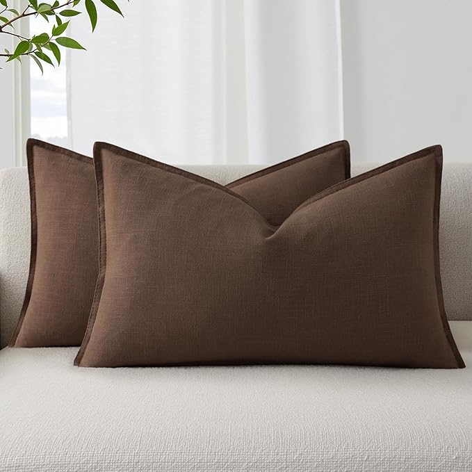 decorUhome Summer Decorative Linen Throw Pillow Covers 12x20 Inch Set of 2 Chocolate Lumbar Pillow Covers with Flange Edges Soft Farmhouse Boho Accent Pillow Cases for Couch Bed Living Room