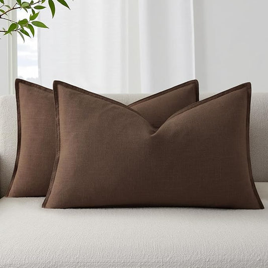 decorUhome Summer Decorative Linen Throw Pillow Covers 12x20 Inch Set of 2 Chocolate Lumbar Pillow Covers with Flange Edges Soft Farmhouse Boho Accent Pillow Cases for Couch Bed Living Room