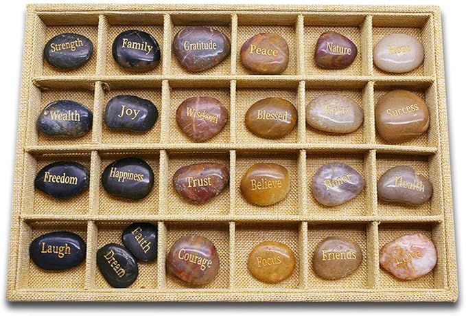 BigOtters 25PCS Inspirational Rocks - Encouragement Stones with Engraved Words for Meditation, Home Office Decor & Birthday, Gratitude Women Gifts