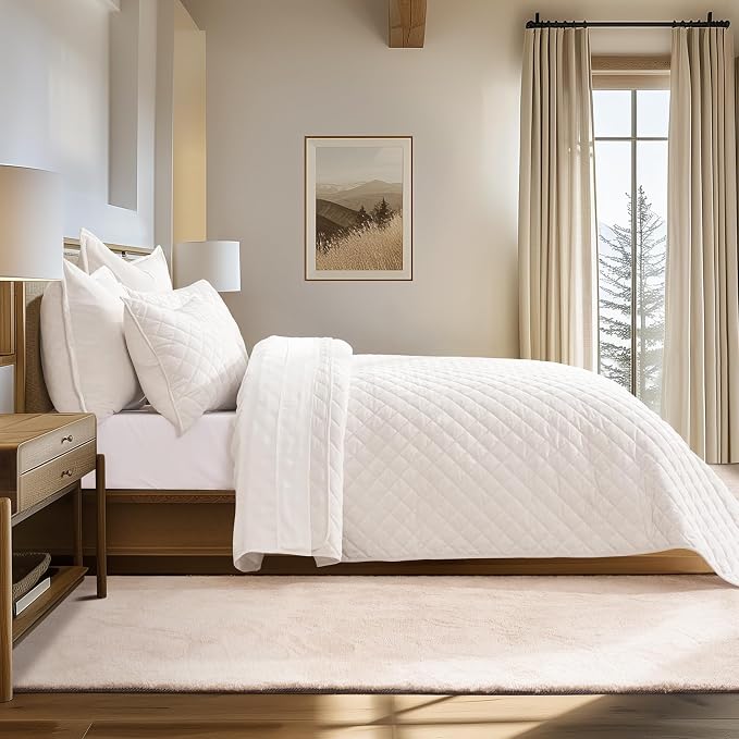EVERGRACE Luxury Velvet Quilt Set Queen Size, Diamond Quilted Lightweight Velvet Comforter for All Season, Ultra Soft Oversized Bedspread Coverlet Bedding Set with 2 Pillow Shams, Ivory White | Luxe Velvet