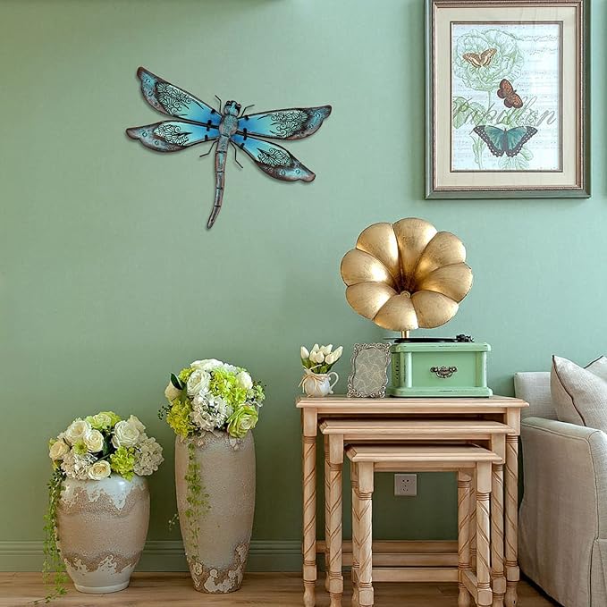 LIFFY Metal Dragonfly Wall Decor - Outdoor Garden Art for Patio, Living Room, Bedroom - Dragonfly Gifts (14inch, Metal & Glass)