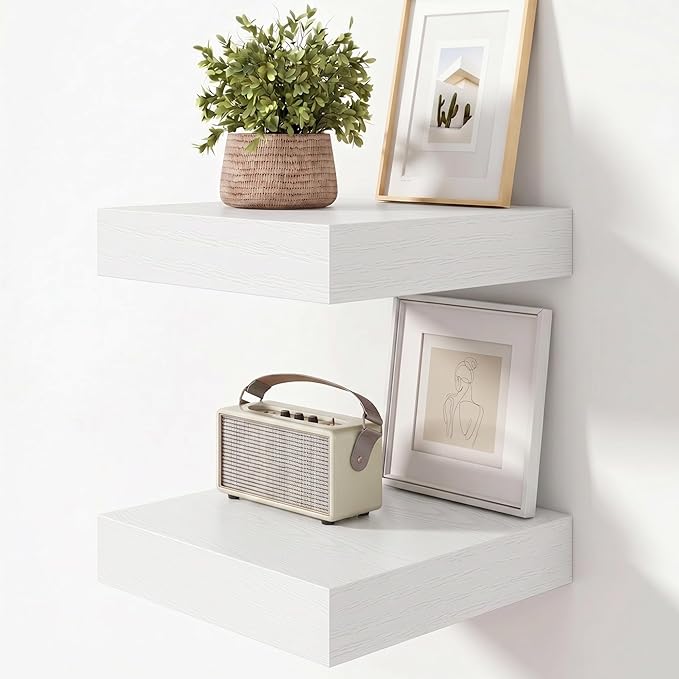 FLYJOE 12 Inch Floating Shelves, White Square Floating Shelves Set of 2, 12''W x 12''D Wood Shelves for Wall, Deep Shelves for Bathroom Living Room, Engineered Wood, Mounting Hardware Included