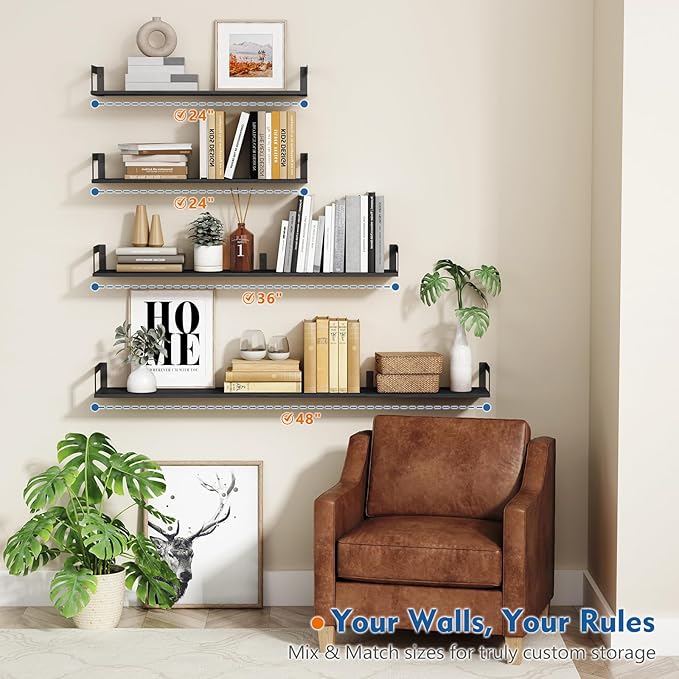 Harwaya 24 Inch Floating Shelves for Wall Set of 3, Wall Mounted Bookshelf, 8 Inches Deep Hanging Book Shelves for Living Room Bedroom Office Decor Closet Storage (Black)