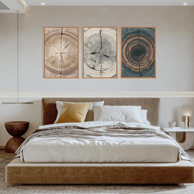 Vintage Beige Tan Tree Ring Framed Canvas Wall Art Set,Modern Neutral Gray Wood Stump Wall Decor,Rustic Wooden Tree Spiral Artwork for Living Room,Bedroom,Farmhouse-24 x36 x3