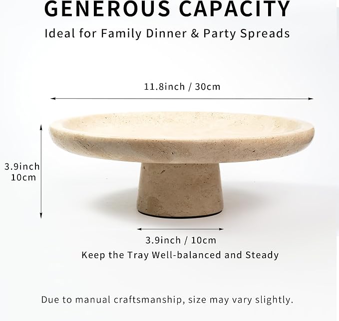 Marble Fruit Bowl for Kitchen - 11.8" Travertine Decorative Stone Pedestal Bowls for Home Decor, Footed Fruits Holder For Dining Table Counter Organization