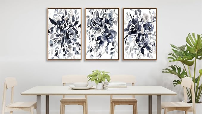 Large Flowers Wall Art for Living Room Natural Wood Float Framed Art Set of 3 Black Roses Pictures Artwork Canvas Prints for Bedroom Kitchen Home Office Wall Decor 20"X28"X3