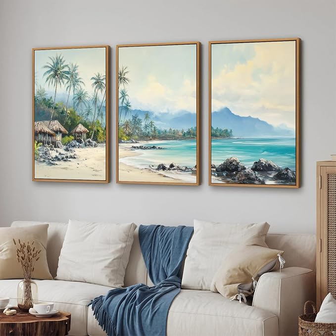 Rantodecor Tropical Coastal Framed Canvas Wall Art, Beach Landscape Posters Wall Decor, Island Palm Trees Beach House Art Paintings, Seascape Mountains Artwork for Bedroom Living Room Office 24"x36"x3