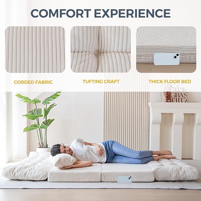 MAXYOYO Folding Sofa Bed, Tufted Bean Bag Bed with Pillows Floor Couch for Adults, Extra Thick and Long Floor Sofa, Twin Floor Couch Bed for Bedroom Living Room, Beige, 39x91 Inch