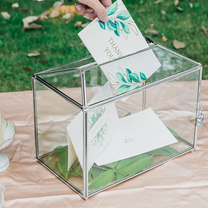 NCYP Small 10.2 x 5.9 x 7.9 Inches Silver Glass Cards Box with Slot and Lock for Wedding, Birthday Party - Geometric Card Holder, Home Decorative, Slot Length 6.3'' (Glass Box Only)