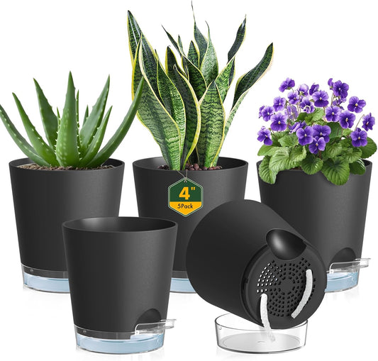4 inch Self Watering Pots for Indoor Plants, 5 Pack Small Flower Plant Pots with Drainage Holes and Clear Reservoirs, Visible Water Level, Plastic Planters with Wicking Rope, Black