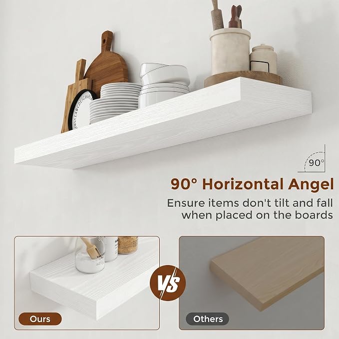 Heimlove 44 Inch Floating Shelves for Wall 8 Inch Deep White Shelves Set of 2,Wall Mounted Rustic Wood Long Floating Shelf，Large Display & Storage Shelf with Invisible Brackets