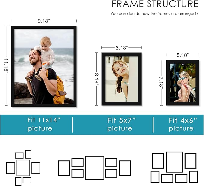 PEALSN 7 Pack Collage Picture Frames, Gallery Wall Frame Set with One 11x14, Two 5x7, and Four 4x6, Multiple Photo Frames for Wall Gallery Decor, Black