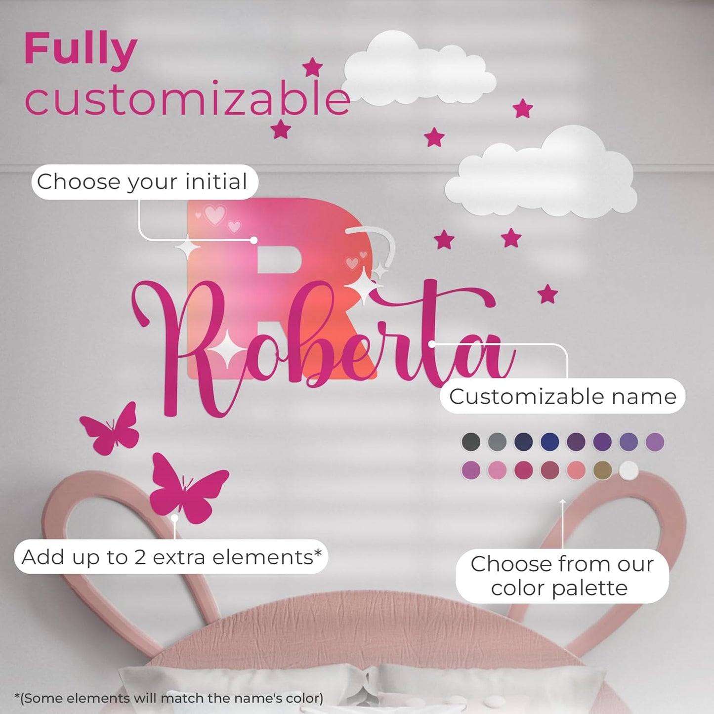 CRYPTONITE Custom Stickers Name & Initial for Pink Room Decor I Heart Wall Decal for Girl Bedroom Decor I Personalized Wall Decal for Little Girl Room Decor I Multiple Size Options (F. Hearts)