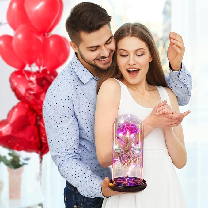 Mothers Day Flowers Gifts for Mom Women Birthday Gift, Galaxy Glass Rose Forever Eternal Crystal Flowers Rose in Glass Dome with Butterfly Mother's Day Roses Gifts for Mom Daughter Wife Grandma Pink