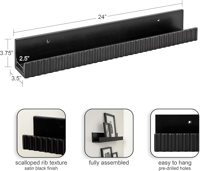 Kate and Laurel Furrow Modern Wood Photo Display Ledges; Set of 2; 24 Inches; Black; Scalloped Floating Picture Ledge Shelf Set with Lip for Use as Nursery Book Shelves or Gallery Wall Decor