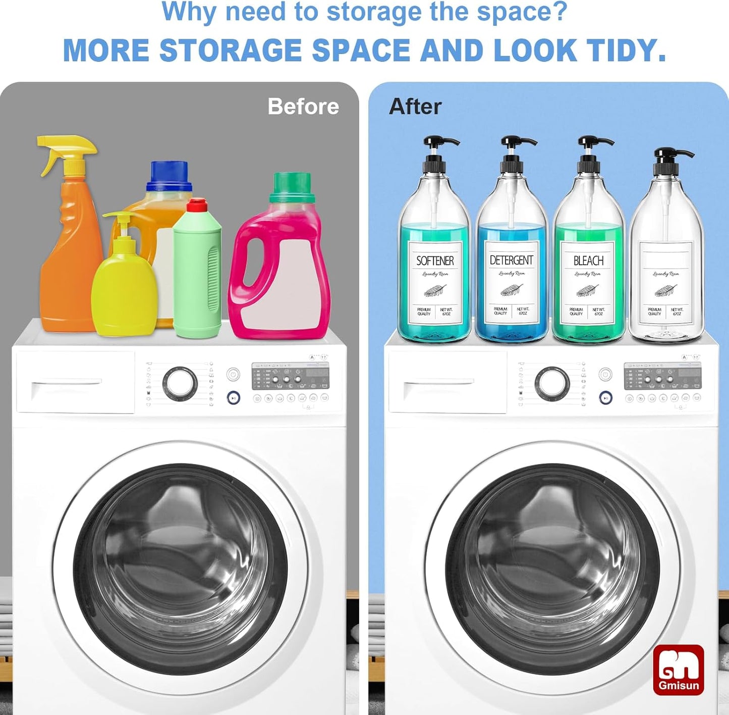 GMISUN Laundry Detergent Soap Dispenser, Liquid Laundry Detergent Dispenser, Container for Farmhouse Room Decor, Organizer for Liquid DetergentSoftenerBleach Storage Bottle(64 Oz Set of 4)