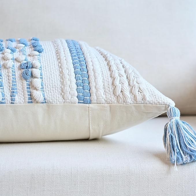 DEZENE Handmade Decorative Pillow Cover Boho Accent Woven Textured Square Throw Pillow Case for Couch Sofa Farmhouse Living Room Home Decor 18"x18" Sky Blue