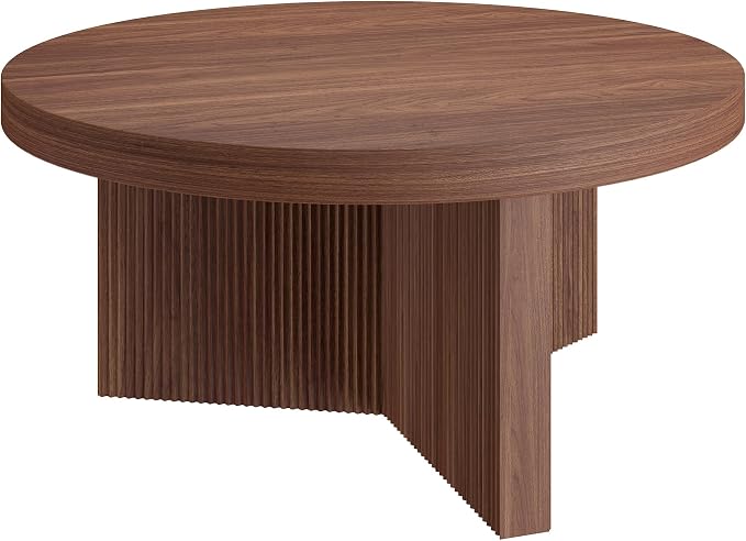 Henn&Hart 32" Fluted Round Low-Profile Coffee Table with Ribbed Pedestal Base Living Room, Family Room, Office, or Apartment, Medium Walnut