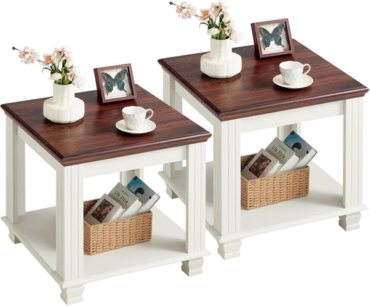 Farmhouse End Table Set of 2,Large Side Table with 2-Tier Storage Shelf,Rustic Wood End Tables for Living Room,Square Tea Table,White