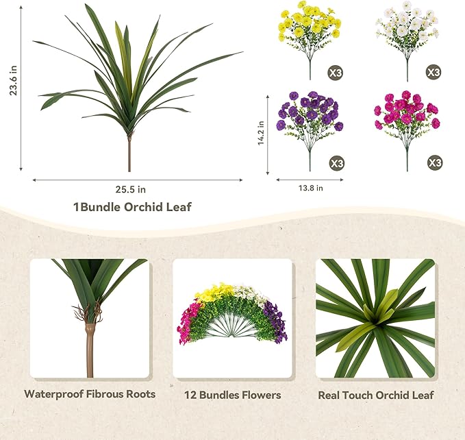 INXUGAO Artificial Flowers for Outdoors Fake Plants Outside, 12 Bundles Silk Morning Glory with Eucalyptus + Orchid Leaf UV Resistant Realistic Faux Flowers for Porch Planter Garden Patio (Mix Color)