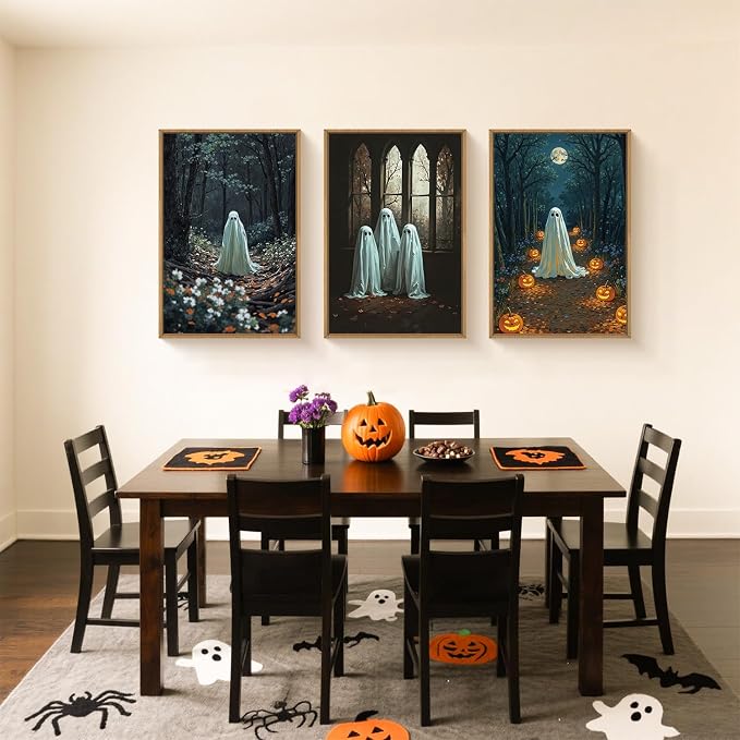 Ausril Vintage Halloween Cute Ghost Framed Wall Art Set, Scary Forest Pumpkin Wall Decor, Horror Moon Night Wall Painting, Gothic Spooky Art Print for Living Room, Bedroom, Party, Basement -16''×24''×3