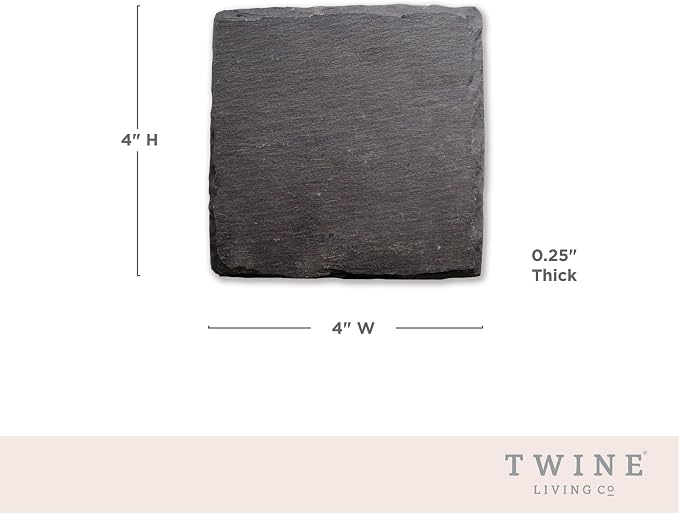 Twine Square Slate Coasters, Modern Square Coasters, Slate with Velvet Backing, Protect Tables and Surfaces, Black, Set of 4