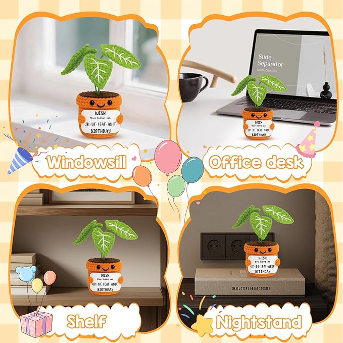 Unique Birthday Gift for Girlfriend Boyfriend Women Friend Crochet Plant Decor with Unbeleafable Birthday Card Handmade Valentines Potted Plush Funny Office Gift for Her Him
