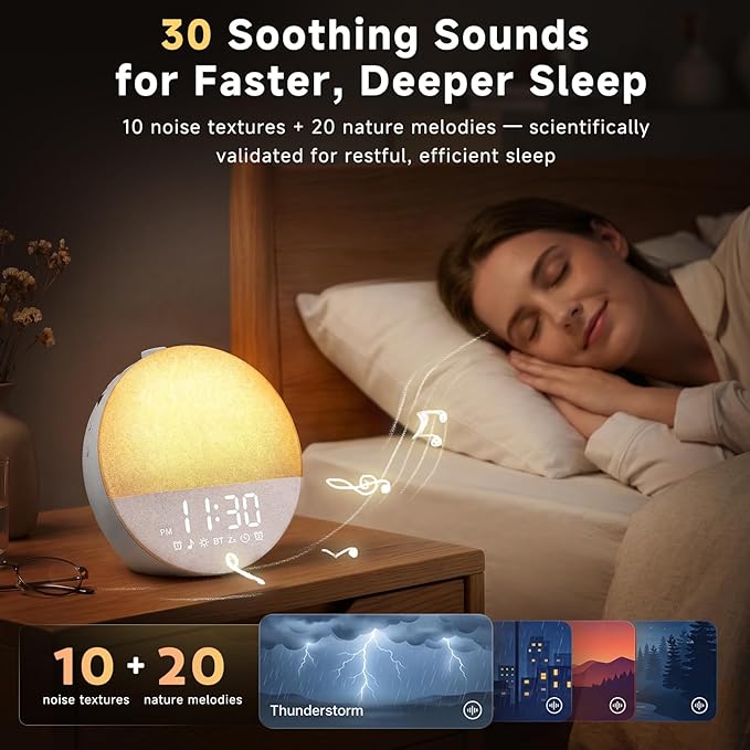 Geuuap Sunrise Alarm Clock White Noise Machine | Natural Wake-Up Light for Bedroom with 30 Soothing Sleep Aids, Bluetooth Speaker, Dimmable Clock, Screen-Free Design for Baby Adults Kids-Grey