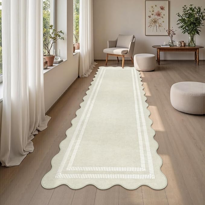 Washable Runner Rug 2.6x8 Kitchen Hallway Scalloped Rugs, Non Skid Stain-Resistant Indoor Rug Soft Entryway Carpet Runner for Bathroom Laundry Room