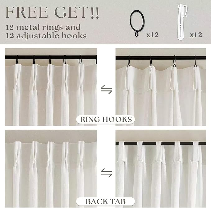 Extra Wide Pinch Pleat Curtains 84 Inches Long for Patio Sliding Glass Door Natural Cream Linen 60 Inch Wide Curtain Memory Trained Pleated Drapes Hooks Rings 60x84 Curtain for Large Window 1 Panel