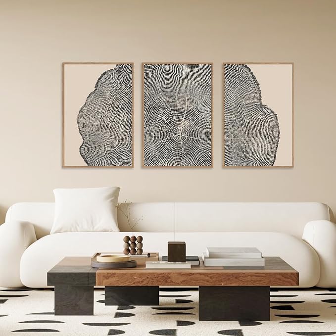 SIKERIC 3 Piece Wood Tree Ring Wall Art, (24X36 inch) Black and White Print Wall Art Set, Large Framed Canvas Art Wall Decor, Modern Abstract Nature Art Paintings for Living Room, Bedroom, Office