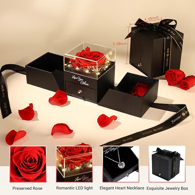 FIACO Gifts for Mom Preserved Real Roses with I Love You Necklace Fresh Forever Flowers Mothers Day Flower Gifts for Women Grandma Anniversary Birthday Gift for Girlfriend Wife Daughter