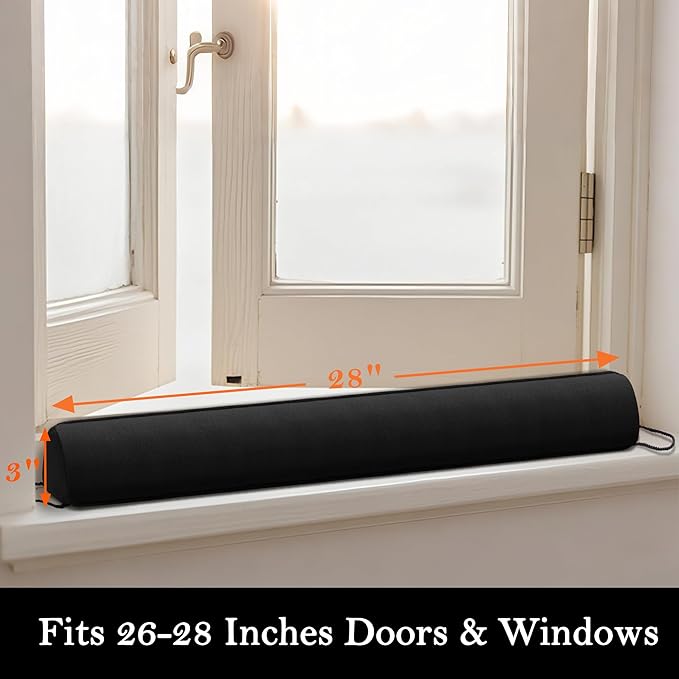 Sunolga 2 Pack Door Draft Stopper Filled with Glass Beads & Cotton, 28 Inches Removable Machine Washable Sound Proof Under Door Draft Blocker with Anti-Abrasion Bottom for Door and Window, Black