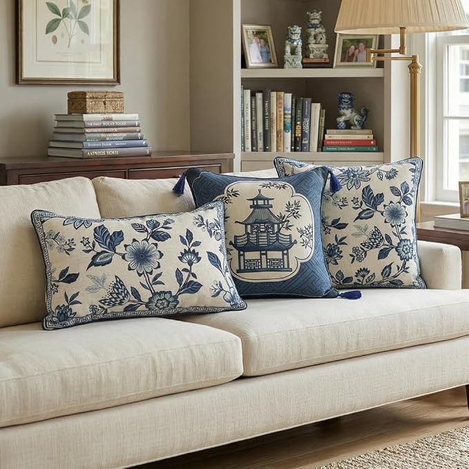 bilin gaier Designer Vintage Linen Throw Pillow Cover,20"x12"-Suqing A | Elegant Rectangular Pillow Cover,Concealed Zipper,Blue Floral Pattern,Sofas,Bedroom,Living Room,Lounge Chairs