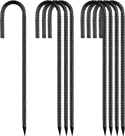 Rebar-Stakes-12-Inch, Ground Stakes Heavy Duty J-Hook Black Coated Anti-Rust Heavy Duty Ground Anchors for Garden Dog Fence Chicken Coop Christmas Decorations Deer Fence 8pcs