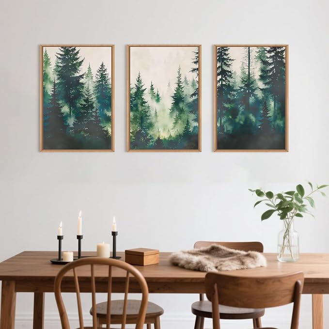 DRACIT Watercolor Misty Green Forest Framed Canvas Wall Art Set,Modern Foggy Pine Tree Wall Decor,Calming Greenery Boho Landscape Artwork for Living Room,Bedroom,Office-24 x36 x3