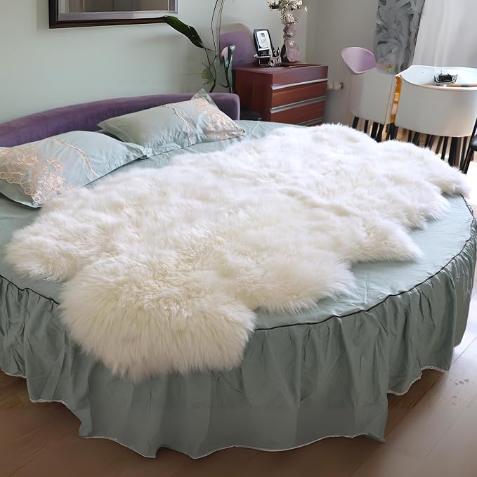 Woolous Sheepskin Rug 4x6 ft, Large Genuine Lambskin Quad Pelt Ivory-White | Genuine New Zealand lambskin quad pelt with fluffy wool. Ideal as sheep skin area rug, fur throw, nursery or bedroom decor.
