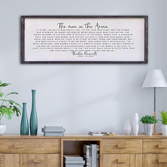 Surfapans The Man In The Arena Wall Decor 32"x12" Morden Office Motivational Wood Framed Sign For Men Large Farmhouse Living Room Inspirational Quotes Positive Speech Home Wall Decoration (Black)