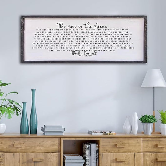 Surfapans The Man In The Arena Wall Decor 32"x12" Morden Office Motivational Wood Framed Sign For Men Large Farmhouse Living Room Inspirational Quotes Positive Speech Home Wall Decoration (Black)