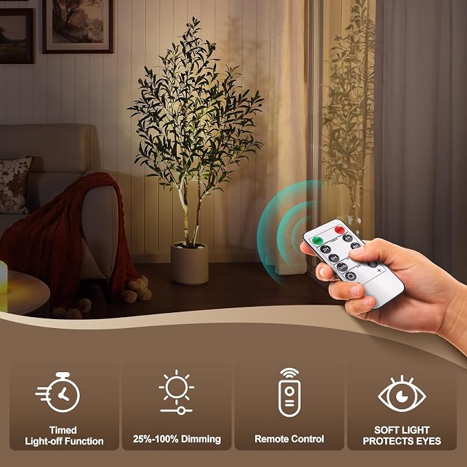 Verinatural Artificial Olive Tree Faux Plants Indoor - 5FT Tall Fake Tree with Remote LED Spotlights, Cylinder Round White Planter - for Modern Home Office Living Room Floor Display, VN214